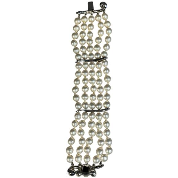 Elegant Multi-Strand Pearl & Rhinestone Bracelet Statement Cuff Old Money Ivory - Picture 7 of 9